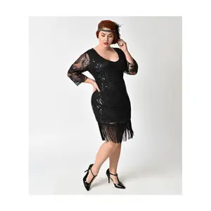 Unique Vintage Plus 1920s Black Beaded & SequinFringe Dress