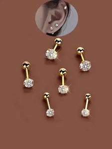 6pcs Stainless steel earrings for women, including CZ small stud, no allergic reaction, Hypoallergenic post earrings, multi-pack fashionable silver stud for men, suitable for everyday wear.