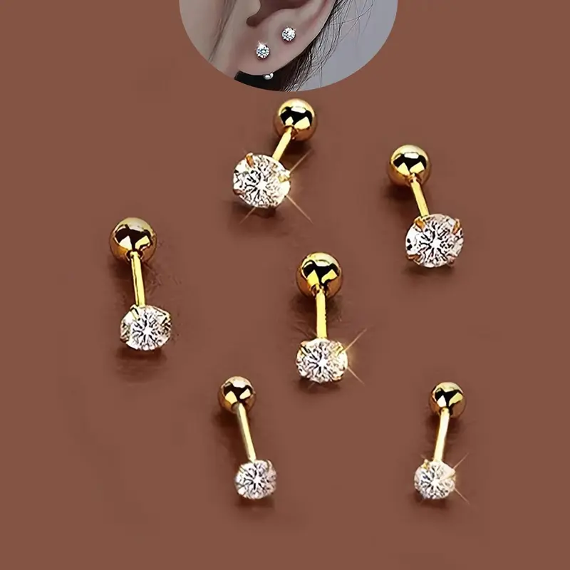 6pcs Stainless steel earrings for women, including CZ small stud, Sparkling zircon, Artificial zircon earrings, no allergic reaction, Hypoallergenic post earrings, multi-pack silver stud for men, suitable for everyday wear
