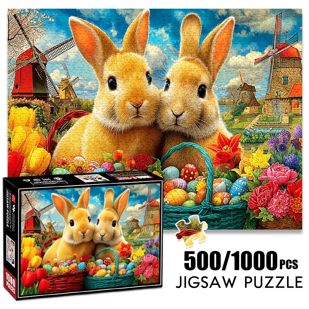 1pc 1000 piece adult puzzle 70x50cm Two Rabbits with Easter Egg - filled Baskets and Windmills in Background 500 pieces paper jigsaw puzzle suitable for DIY creative games for adults and families,