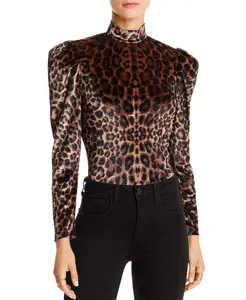 Lini Women's Brown Velvet Leopard Print Gillian Puff Sleeve Top Blouse