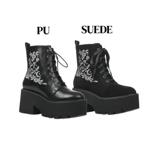 Women's Embroidered Gothic Boots Lace-Up Platform Heel Combat Boots with Side Zipper Flatform Gothic Booties