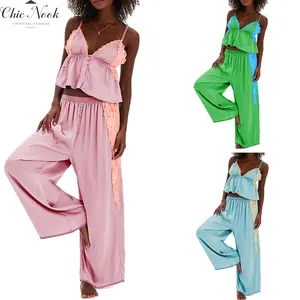 Women's 2 Piece Outfit Pajama Lace V Neck Sleeveless Ruffle Cami Tops And Loose Pants 2Pcs Set For Nightwear