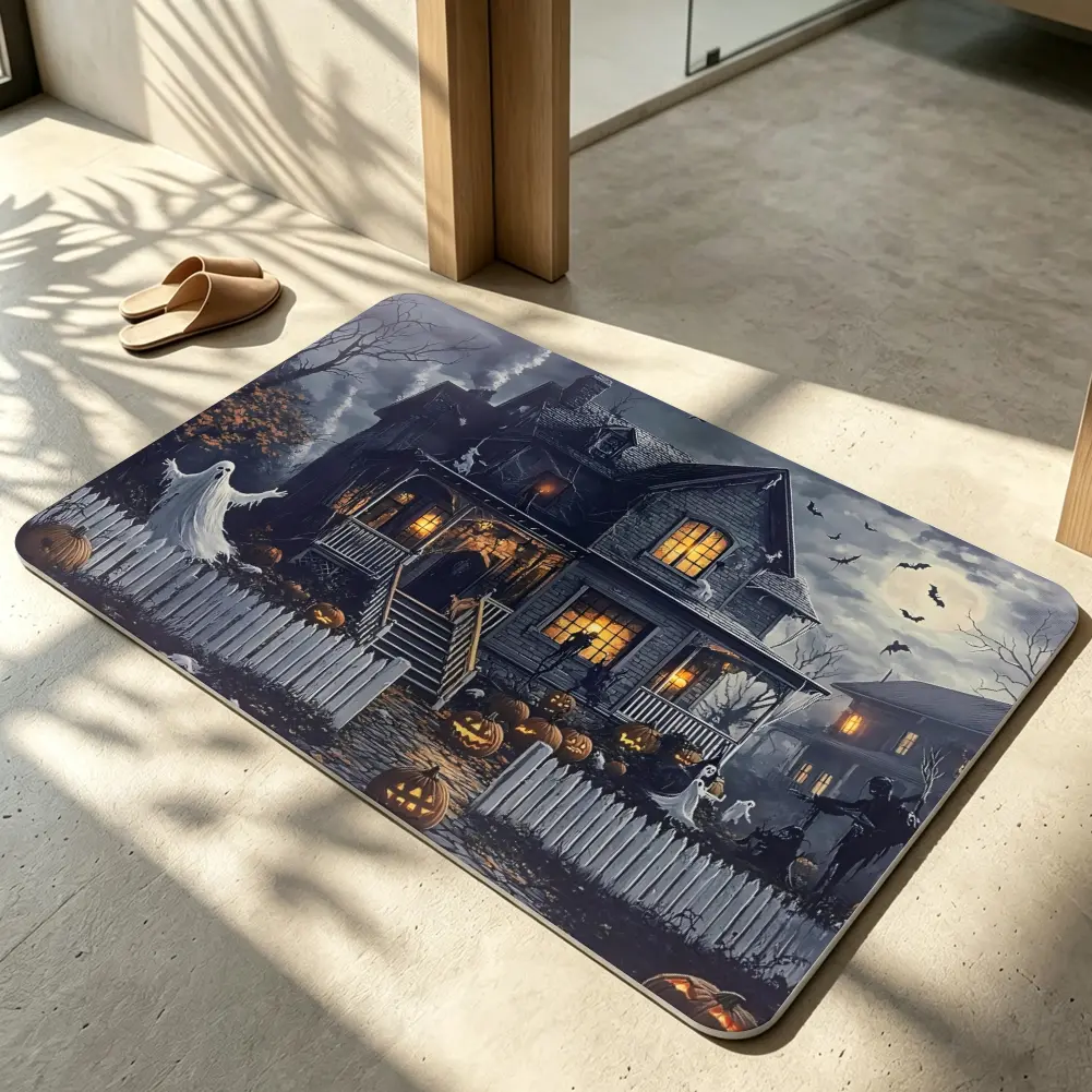 Halloween Doormat, Gothic Mansion Glowing Windows Ghost & Pumpkin Print Door Mat, Spooky House Indoor Outdoor Welcome Entryway Carpet, Non-Slip Washable Bath Floor Mat, Holiday Party Decor