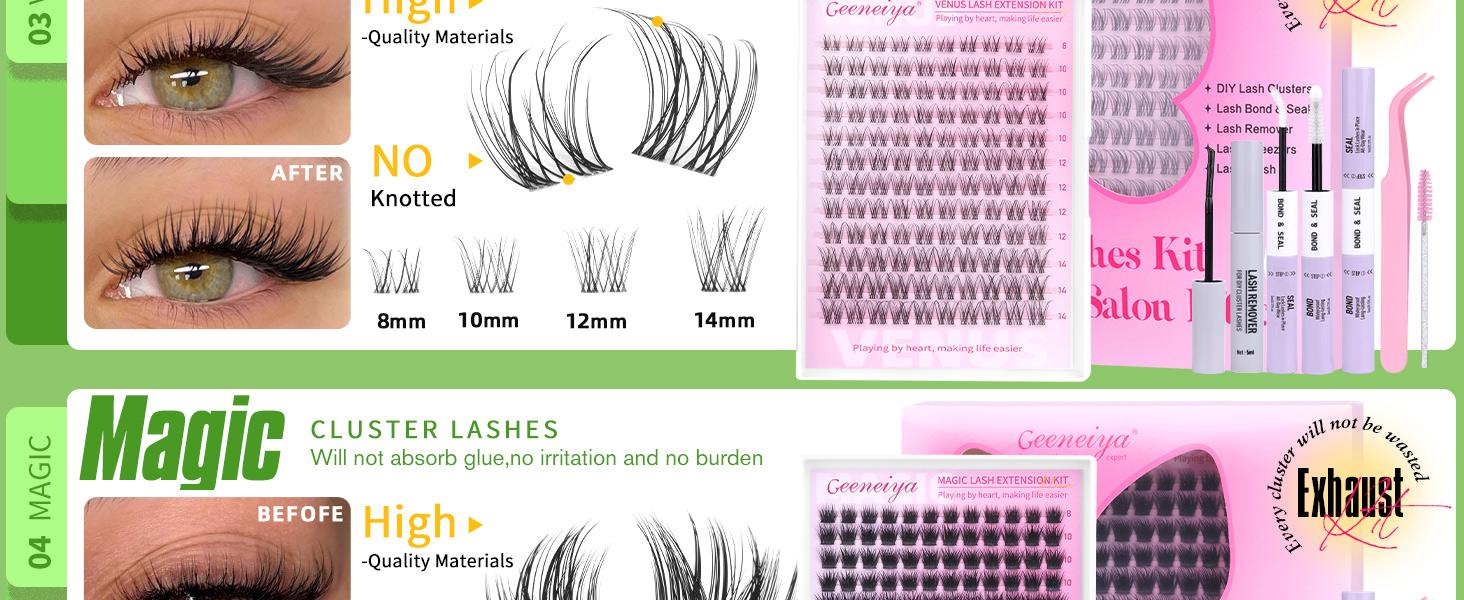 Geeneiya Lashes Waterproof DIY Lash Extension Kit, 8-18MM Wispy Lash Clusters Kit,Ultra-thin Soft Band Eyelash Extension Kit with Waterproof Lash Bond and Seal,Lash Remover,Tweezers for Girls Gift Makeup Cosmetic (Flora/ Venus/ Manga)TikTokShopBlackFriday