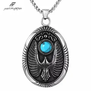 Aegis Mens Hawk Eagle Necklace Pendant Turquoise Stainless Steel Chain Silver