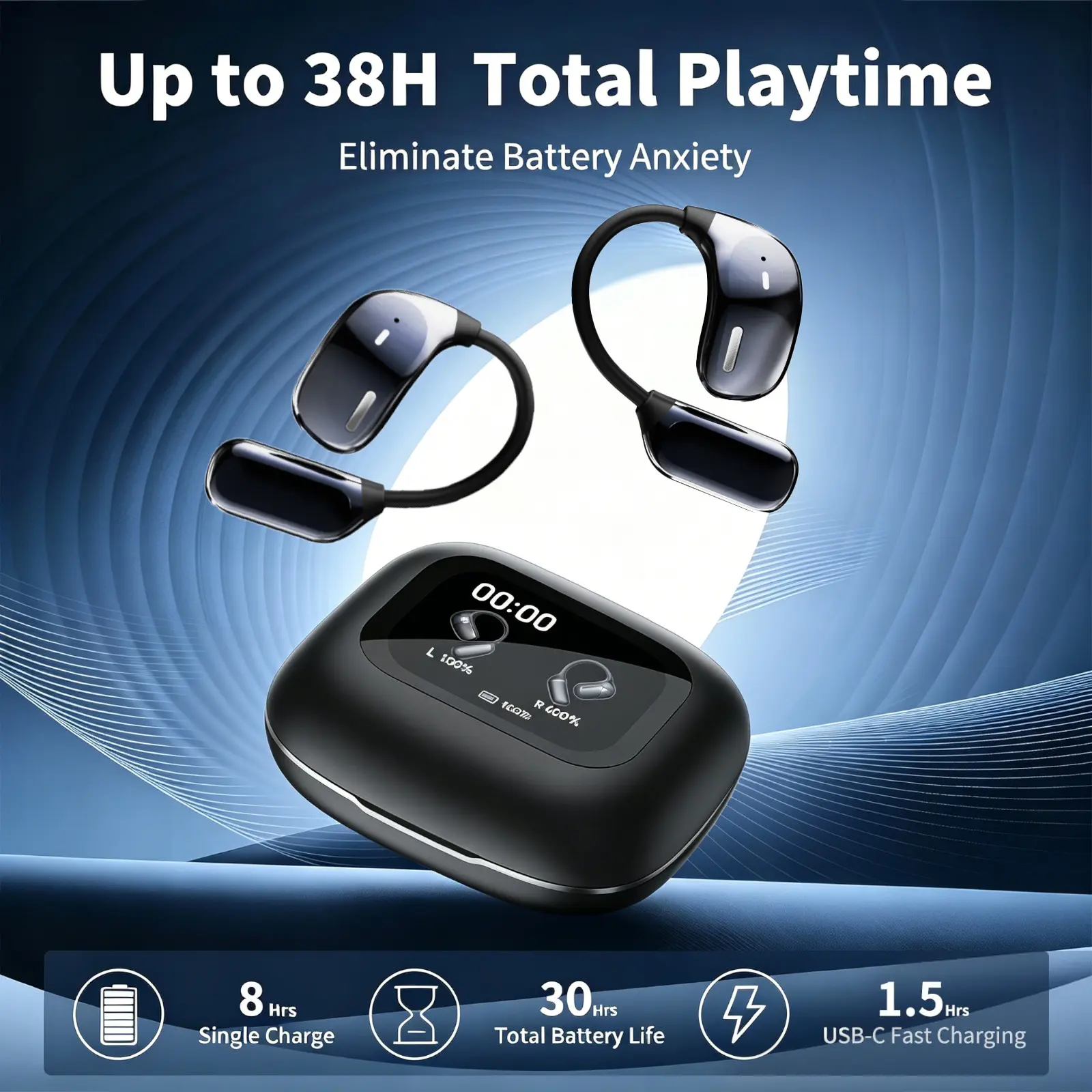 Open-Ear Wireless Earbuds with Ear Hooks, Bone Conduction Headphones, Bluetooth 5.4, open-ear design with ear hooks, ideal for running, workouts, and office use, built-in microphone, charging case with LED display, ear-hook earbuds