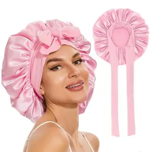 Women Satin Solid Sleeping Hat Silky Bonnet With Tie Band Elastic Shower Cap Adjustable Night Cap For Curly Hair Bonnets Turban