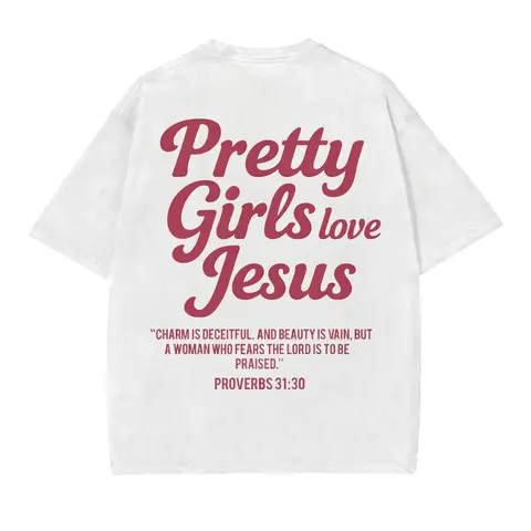 Pretty Girls Love Jesus Vintage Graphic Tee Women's Oversized Streetwear Short Sleeve Crewneck Cotton Shirt For Church Sunday Worship Casual Outfit
