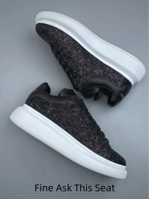 Black Glitter Platform Sneakers Sparkly Sequins Upper Smooth Leather Heel Collar Thick White Height Boost Sole Black Laces Lace Up Glam Unisex Party Casual Shoes