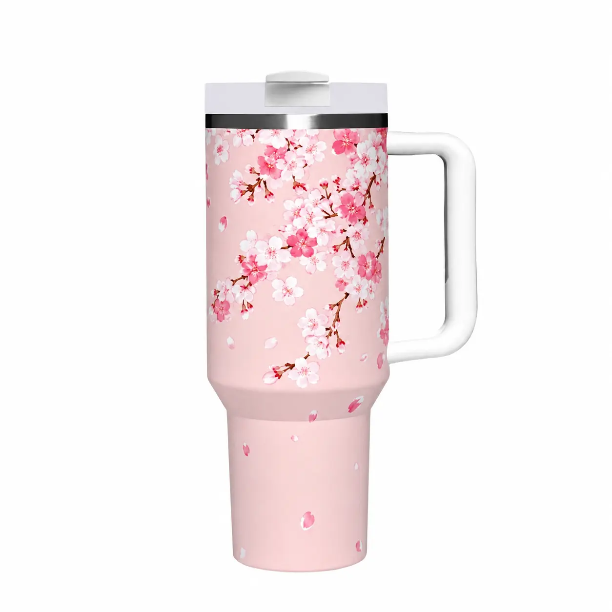 40oz Cherry Blossom Tumbler with Handle and Straw, Insulated Stainless Steel Travel Mug, Pink Floral Vacuum Cup for Women, Large Reusable Water Bottle Fits Car Cup Holders, Keeps Drinks Hot and Cold