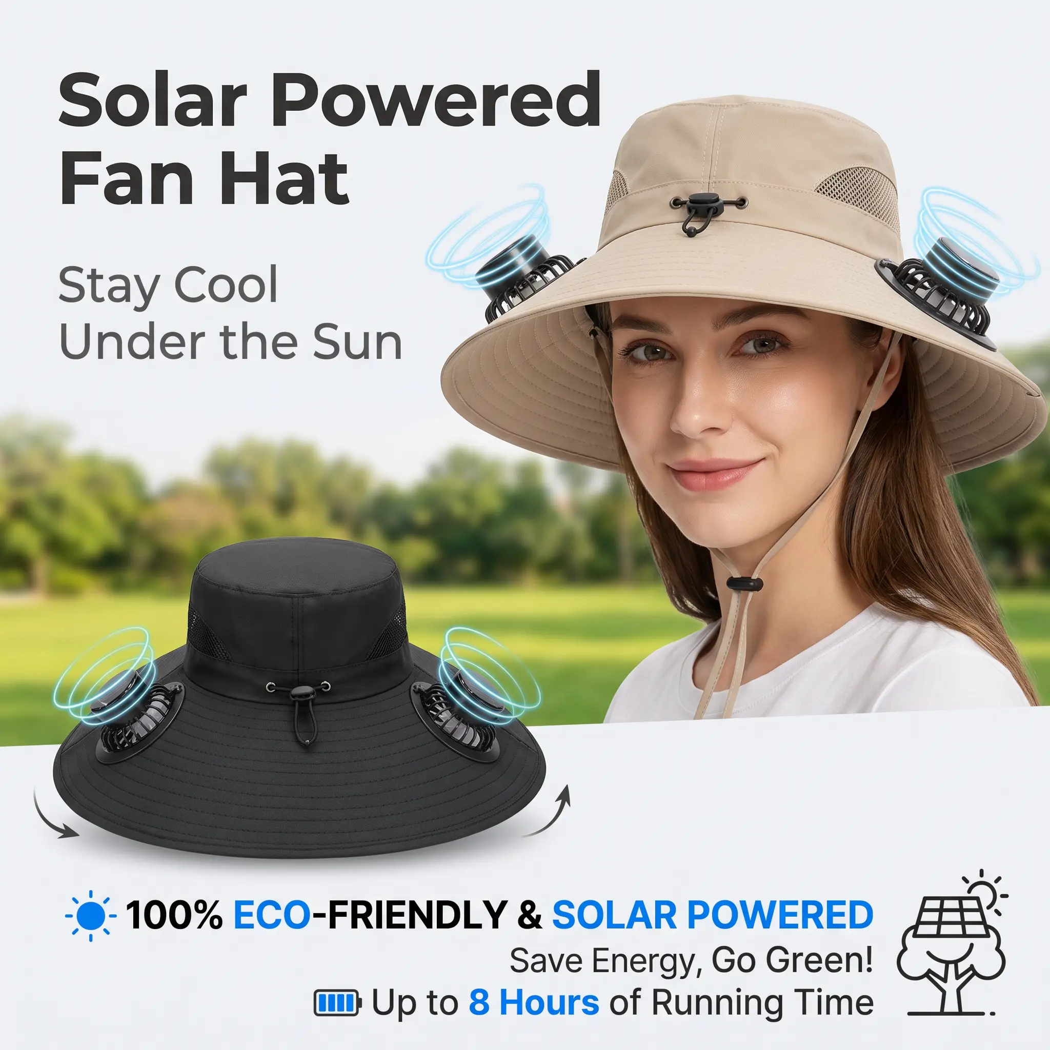 Solar Powered Fan Fishing Hat, UPF50+ UV Protection Wide Brim Sun Hat with Dual Cooling Fans, Waterproof Breathable Outdoor Cooling Hat for Fishing Hiking Gardening Beach