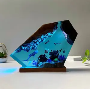 Ocean Creative Epoxy Resin Wood Light Lamp, Handmade Multi Color Aquatic Ocean Lamp Deep Sea Diver Cave Diving Enthusiasts Led Night Light Desktop Decor Christmas Birthday Gift