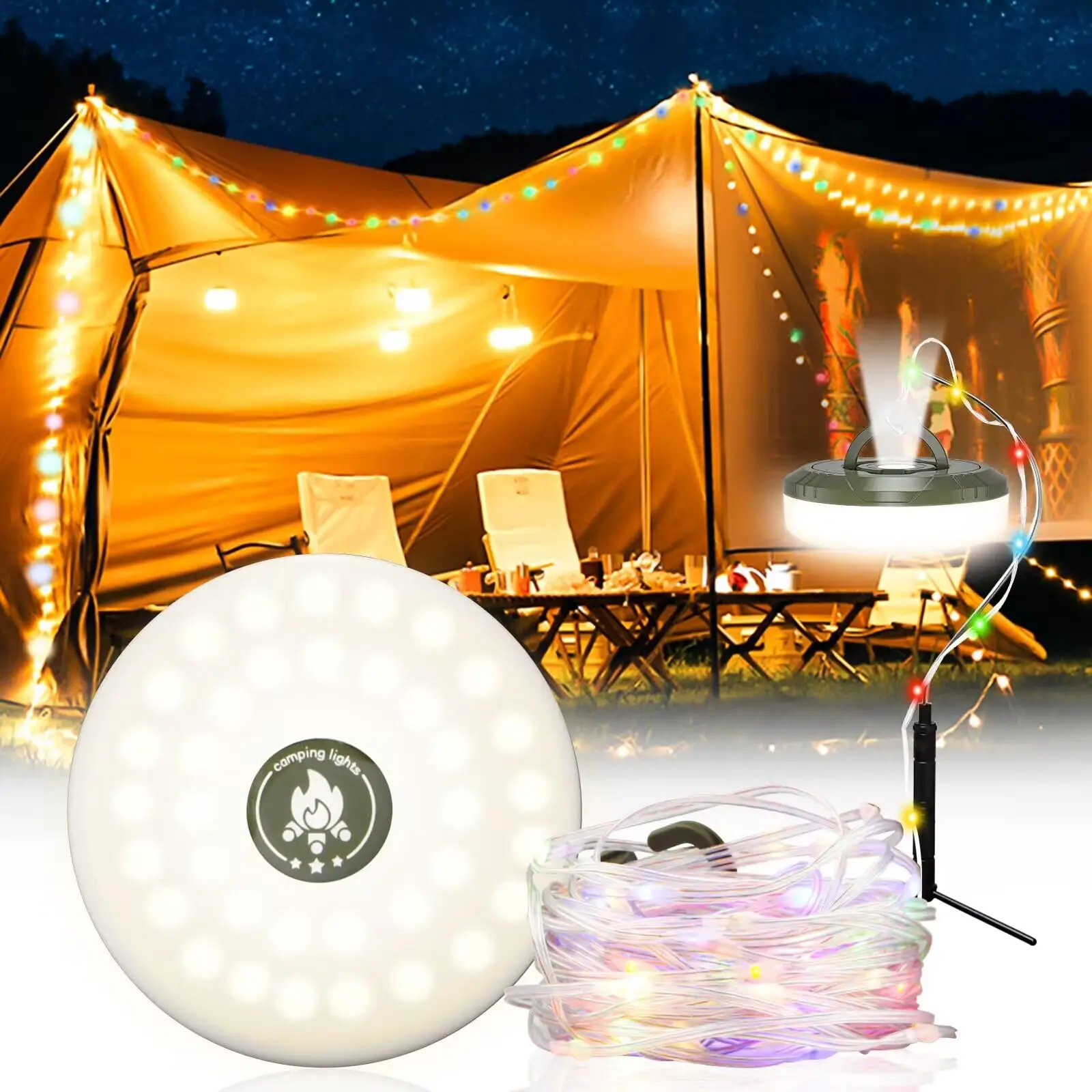 2 in 1 Rechargeable Camping String Light, Outdoor String Light with 8 Lighting Modes, Portable Outdoor String Lights for Outdoo, Camping Lantern, Deco