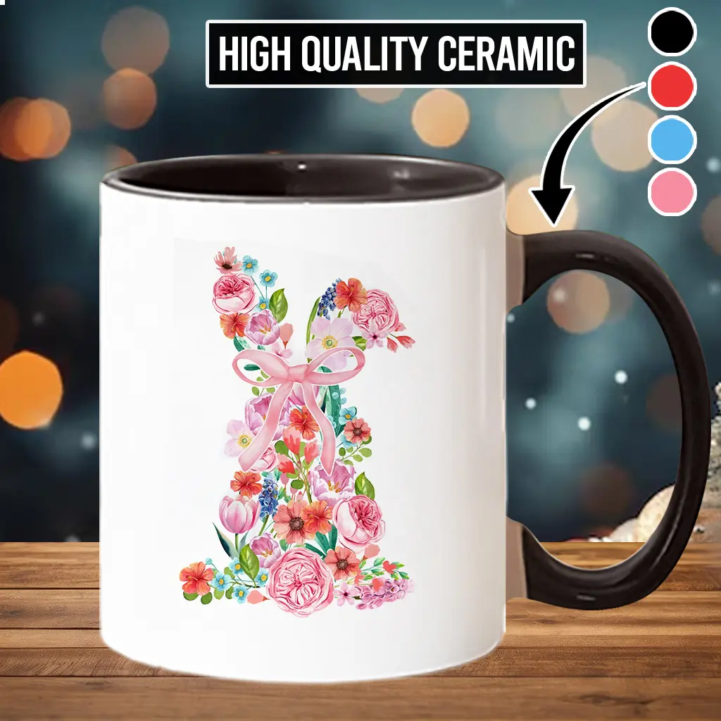 Ceramic Reusable Washable Happy Easter Beverage Mug, Classic Grand Millennial Printed Floral Bunny Coffee Tea Cup, Stylish Kitchenware Drinkware - esd10002