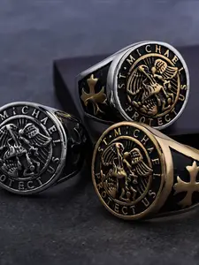 Fashionable and domineering retro Archangel St. Michael Titanium Steel Men's Stainless Steel Ring, Trendy Jewellery Accessories