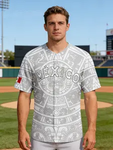 Mexican Vintage Baseball Shirt Short Sleeve Top, Aztec Pattern Print, Casual Sporty Sweatshirt, Men's Fanwear, Gift Idea
