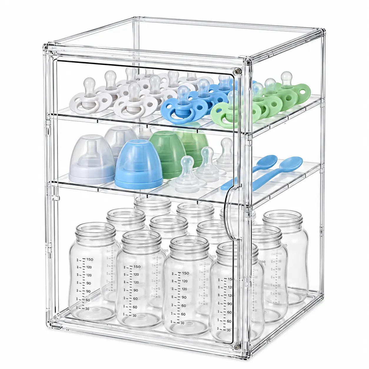 3-Tier Baby Bottle Storage Organizer, Large Clear Acrylic Bottle Station with Magnetic Door and 2 Removable Dividers for Kitchen Countertop, Cabinet, Nursery, Bathroom & Vanity