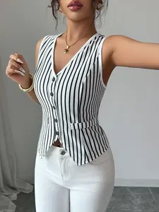 Women's Casual Striped Knit Slim Fit V-Neck Tank Top, Fake Pockets, Perfect for Commuting, Dating, Daily Wear at Home