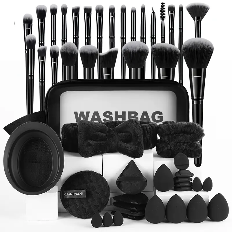 54 Piece Ideal Makeup Tool Set, Cosmetic Tools, Makeup Accessories, Includes Makeup Brushes, Sponges, Puffs, Hair Bands, Cleaning Bowls, Wash Bag, Daily Beauty and Clean Use