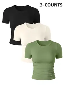 3PCS Women's Sporty Woven Fabric Tight-Fitting Gym Workout Tops, Soft Seamless Yoga Fitness Shirts for Active Lifestyle & Daily Wear Gym Exercise Activewear, Gym Clothes Workout, Pilates Yoga Wear