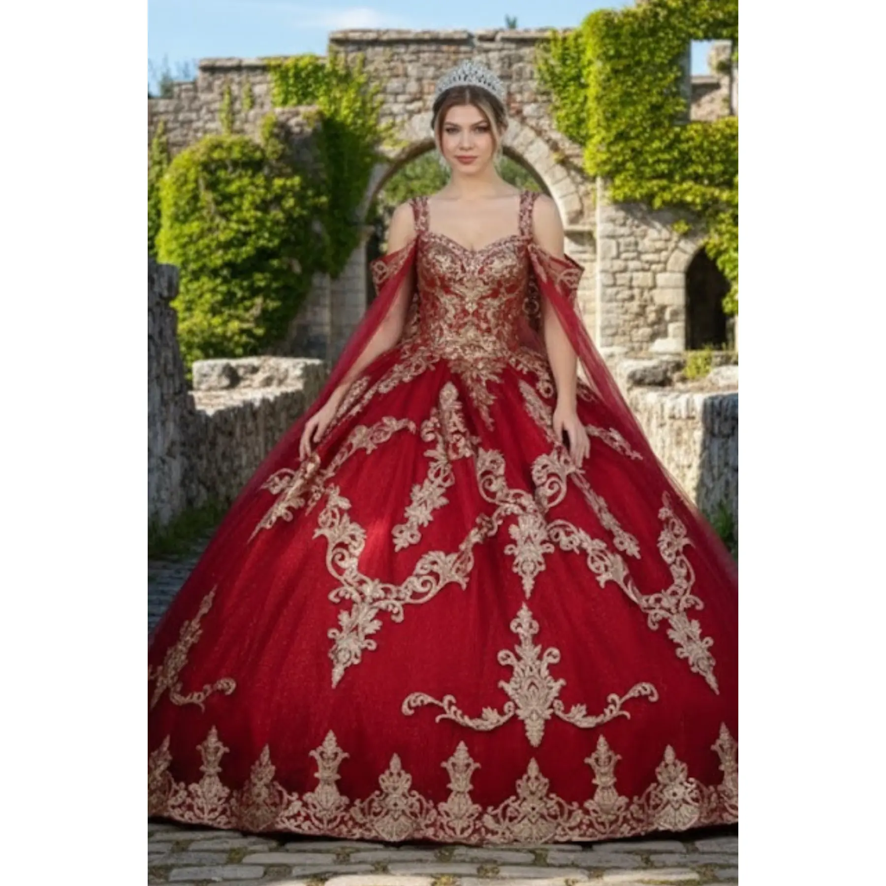 Burgundy And Gold Quinceanera Dress | Ball Gown by LK210