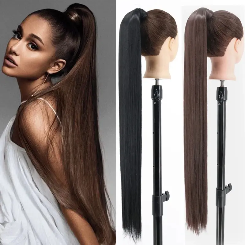 2026 New 34inches Synthetic Ponytail Hair Extension Clip in Fake Wig Hairpiece Blonde Wrap Around Pigtail Long Smooth Overhead Pony Tail