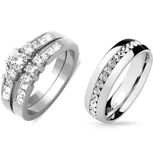 His Hers 3 PCS Stainless Steel Round Cut CZ Wedding Ring Set with Matching All-Around CZ Band, Includes 3 Pieces for Adults, Elegant Design