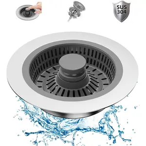 Kitchen Sink Drain Strainer & Stopper - Stainless Steel 3-in-1 Pop-Up Plug with Anti-Clog Basket & Odor Prevention, Fits US Standard 3-1/2'' Drain Openings for Double Bowl Sinks