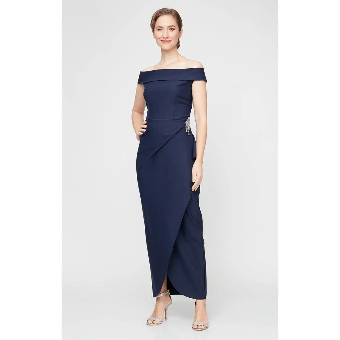 Off-the-Shoulder Compression Dress with Cascade Ruffle Skirt & Embellishment