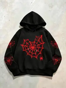 Unisex Street Style Spider Web Print Hoodie, Fitted Casual Versatile Sweatshirt for Daily Wear, Perfect for Holiday