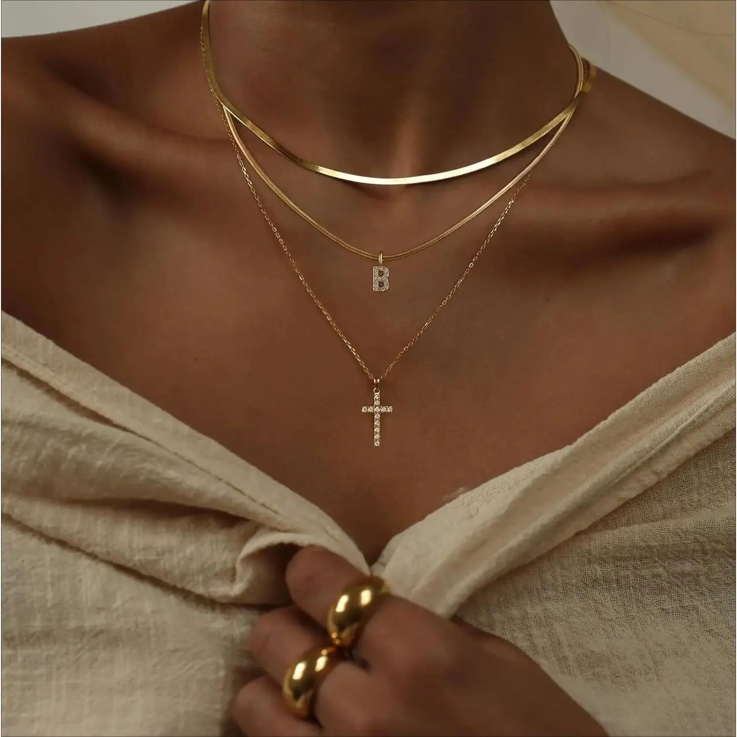 14K Gold Plated Layered Necklaces for Women, Tiny Initial Stackable Chain with CZ Cross & Safety Pin Pendant outdoorfun,summeroutfits,vacationoutfits,beachoutfits