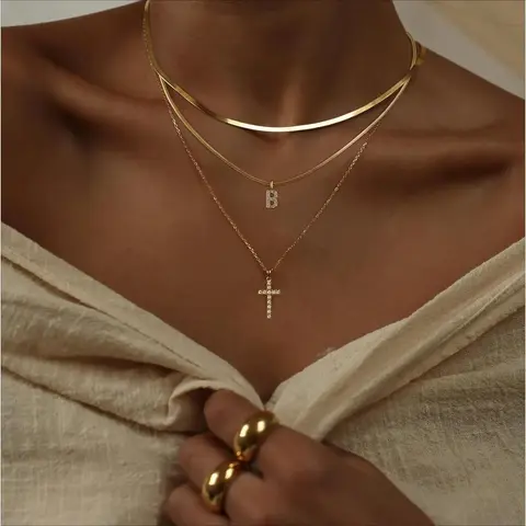 Women's 14K Gold Plated Layered Dainty Initial Necklace - Stackable Tiny Chain with CZ Cross & Safety Pin Pendant, Faith Style, Daily Versatile, Necklaces for Women, Lightweight Gold-Plated Costume Jewelry Accessories, Lightweight Gold-Plated Necklaces