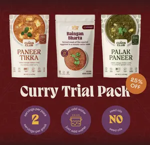 Cumin Club Curry (3pk) - Paneer Tikka, Baingan Bharta, Palak Paneer - Ready in 5 Minutes - Vegetarian, Preservative-Free - Real Indian Flavors - No Cooking Needed -6pk with Cumin Rice (2 serving per container)