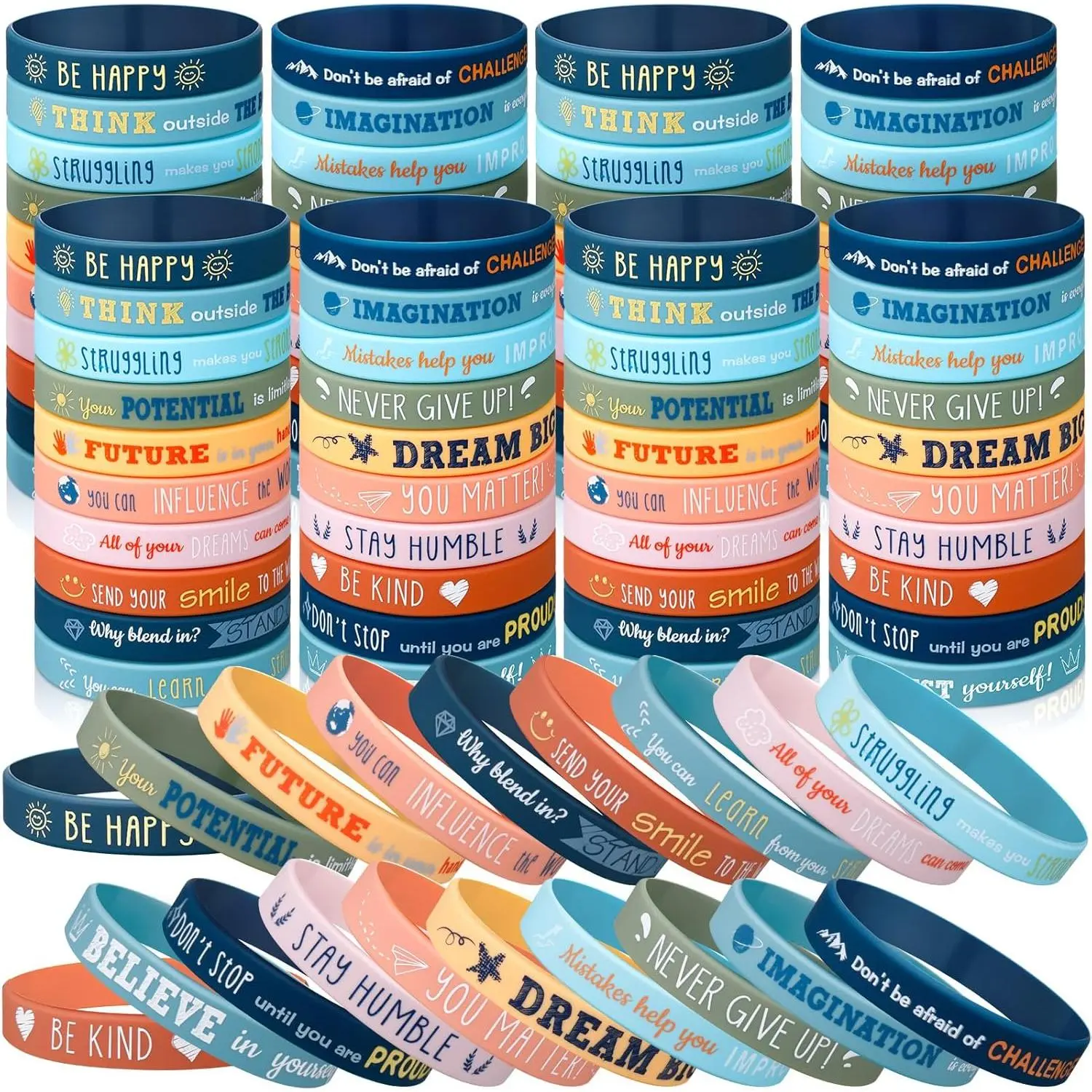 Women's Motivational Silicone Rubber Bracelets (60 Pcs) with Inspirational Quotes - Non-Bulky, Ideal for School Favors, Party Gifts