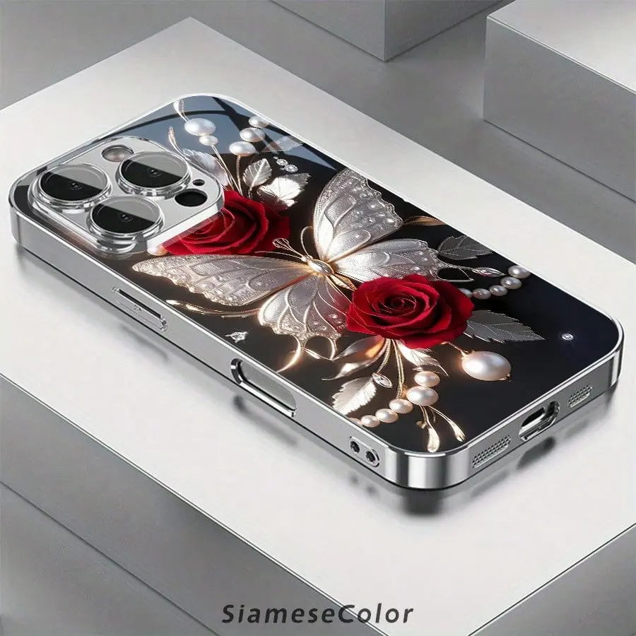 SiameseColor Luxurious Red Rose & Butterfly Pattern iPhone Case - Multi-Model for iPhone 17,16 Pro Max,15,14 Plus,13,12,11 - Anti-Slip,Lightweight,Trendy Protector Casing & Mobile Accessory