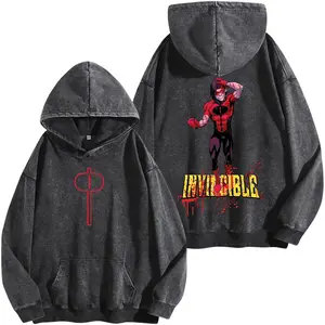 Oliver Grayson Invincible Game Washed Hoodie, Cotton, Unisex Streetwear, Retro Anime Comic Graphic Shirt, Perfect Gift for Gamer Fabric Menswear Graphic Tees Lover