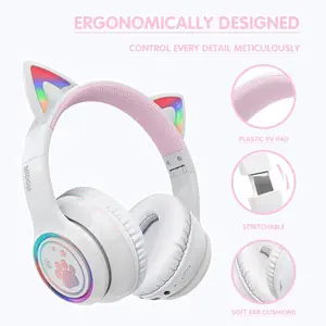 MOKATA Cute Cat Ear Bluetooth Headset - Audio Headphones with Multicolor RGB Lights, 45H Ultra Long Battery Life, Fluffy Ear Pads, Folding Design for Anime Fans Home & Outdoor Use