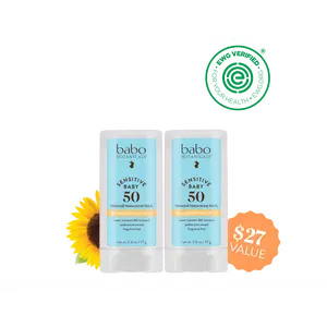 Babo Botanicals Sensitive Baby Mineral Sunscreen Stick SPF 50 Duo – Water Resistant (80 Minutes) – Pediatrician Tested – Fragrance Free – EWG Verified – net wt. 0.6 oz (17 g) Each (2-Pack)