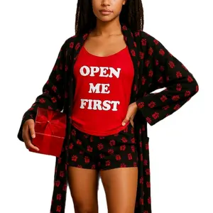 Women's Pajama Set Red Black Comfort Long Sleeve Tie Front Shorts & Tank Top with Sequin Embellishments for All Seasons, Machine Washable Comfortable Loungewear Nightwear Womenswear Dress Graphic Polyester Style Homewear Pjs Fit Elegance Chic Loose Stitch