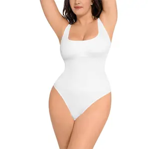 FeelinGirl Women's Tummy Control Square Neck Sleeveless Thong Casual Bodysuit Seamless Backless Ribbed Going Out Tank Tops Bodysuits Basic Nylon