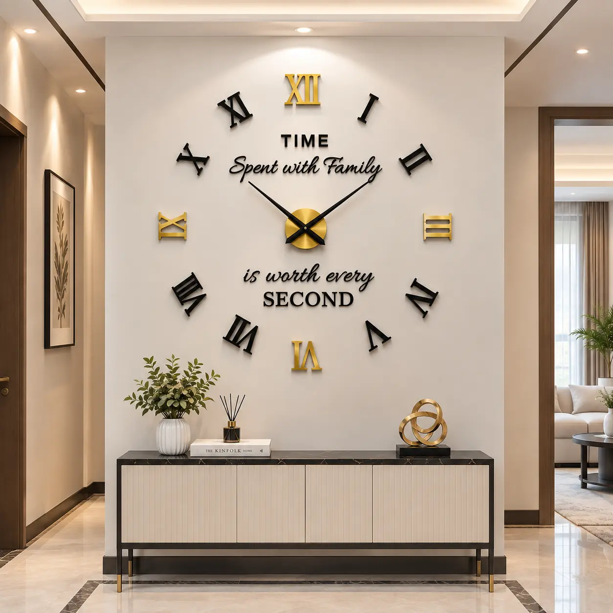 Frameless Adjustable DIY 3D Roman Numeral Wall Clock - Silent Non-Ticking Acrylic Clock with "Family Time" Quote, 60-130cm Minimalist Living Room Decorations, Wall Display, Housewarming Gift