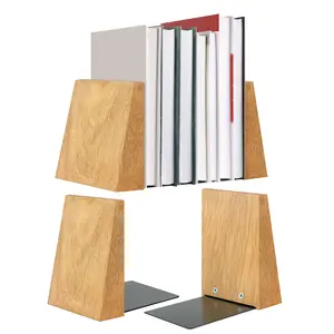 Book Ends for Office Accessories 2 Pairs Handmade 100% Solid Wood Decorative Bookends with Metal Base