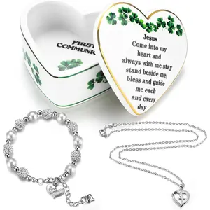 3 count First Communion Gifts  Necklace First Communion Bracelet Irish Shamrock Jewelry Keepsake Box Precious Baptism Christening Gifts