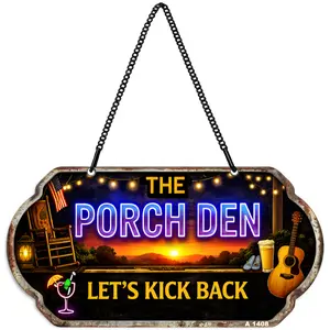The Porch Den Let's Kick Back Sign, 10x5" Neon Style Metal Hanging Plaque with Chain, Heavy Duty 50 Mil Aluminum Outdoor Bar Sign, Retro Porch Decor for Man Cave, 1-Pack