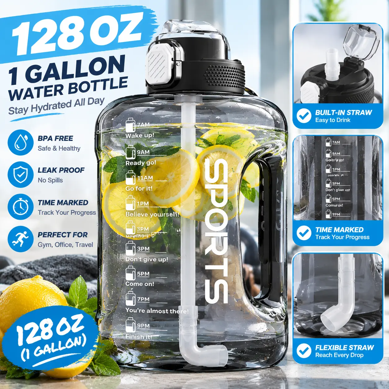 1 Gal 128 oz Motivational Time Marked Water Bottle with Straw - BPA-Free, Leak-Proof, Portable, Detachable, Washable, Lightweight Sports Water Bottle for Camping-Hiking