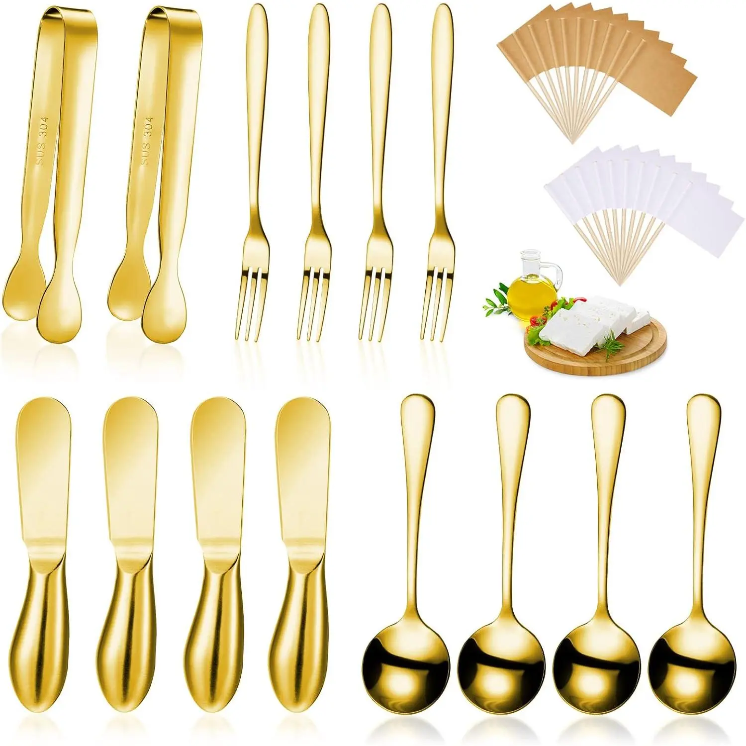 14 count Charcuterie Board Accessories Cheese Spreader  Set Stainless Steel Charcuterie Utensils Spreader  Mini Serving Tongs Spoons and Forks for Cheese and Pastry Making ()