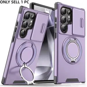 for Samsung Galaxy S25 S24 S23 S22 S21 Ultra 24 S23 S22 Plus S23FE S20FE A55 A54 A35 A16 A15 A14 A06 Protective Phone Case with Sliding Camera Cover, with 360° Rotating Ring Holder Car Magnetic Holder Matte Texture Shockproof Phone Case, Accessories
