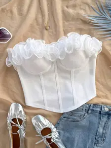 Summer Women's Fashion Elegant Ruffled Lace Crop Top, Slim-Fitting Sleeveless Halter Neck, Casual Plain Color Blouse Womenswear