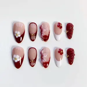Burgundy Blooming Flower Nails press on long almonds/Elegant nails/Croc nails/Red French nails/3D Gel Nails/Holiday Nails/Daily nails
